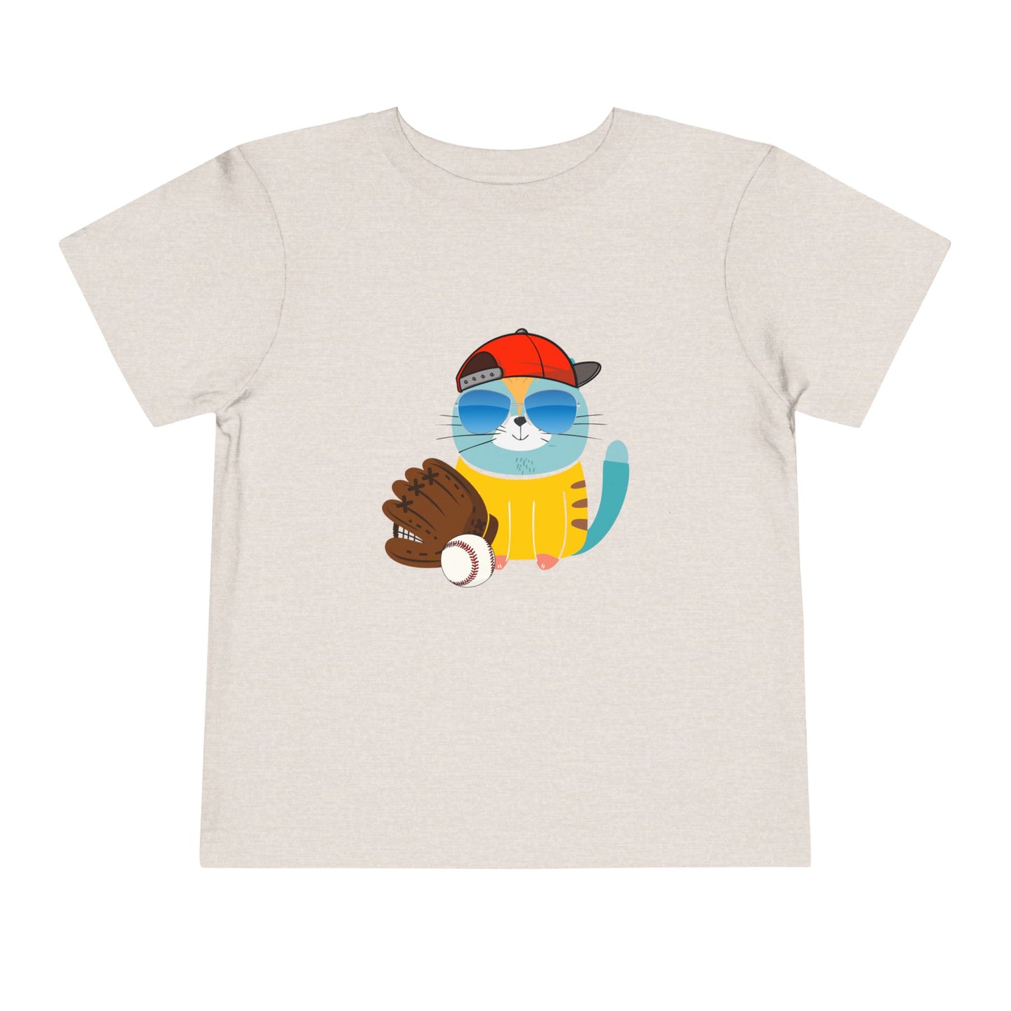 Cool Baseball Cat Toddler T-Shirt | Kids Short Sleeve Tee with Cap, Sunglasses, and Mitt | Fun Sports Shirt for Boys & Girls