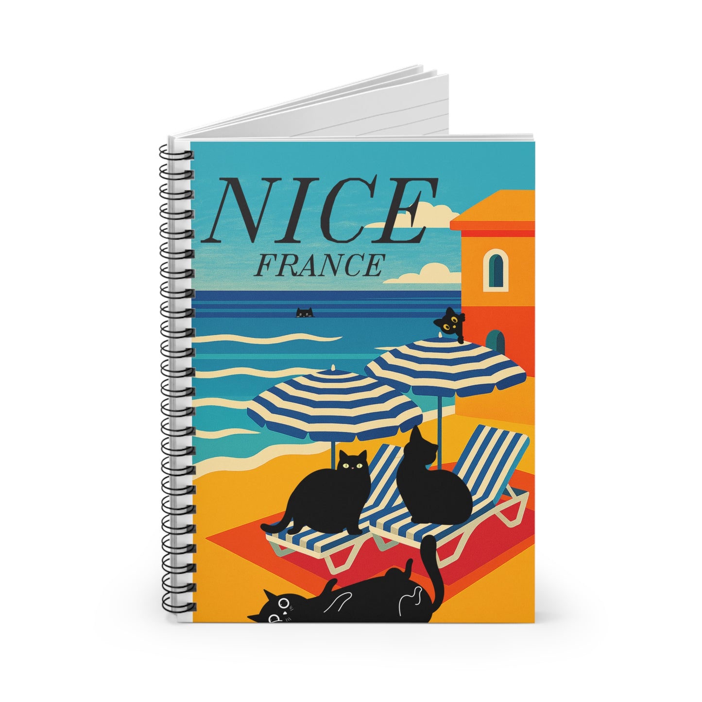 Nice France Spiral Notebook – Vibrant Travel Journal, Cat Lover Gift, Artistic Stationery, Summer Memories Writing Pad