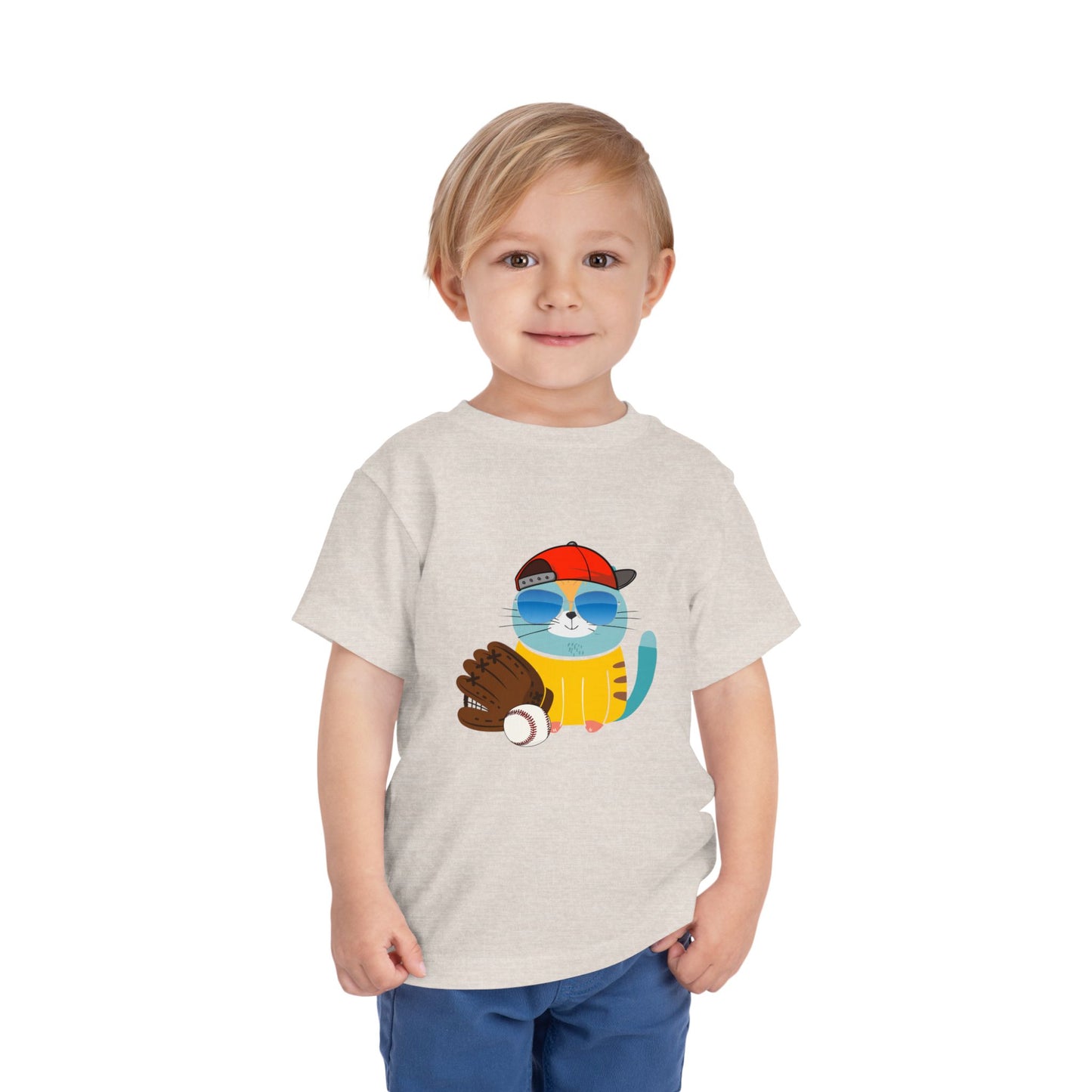 Cool Baseball Cat Toddler T-Shirt | Kids Short Sleeve Tee with Cap, Sunglasses, and Mitt | Fun Sports Shirt for Boys & Girls