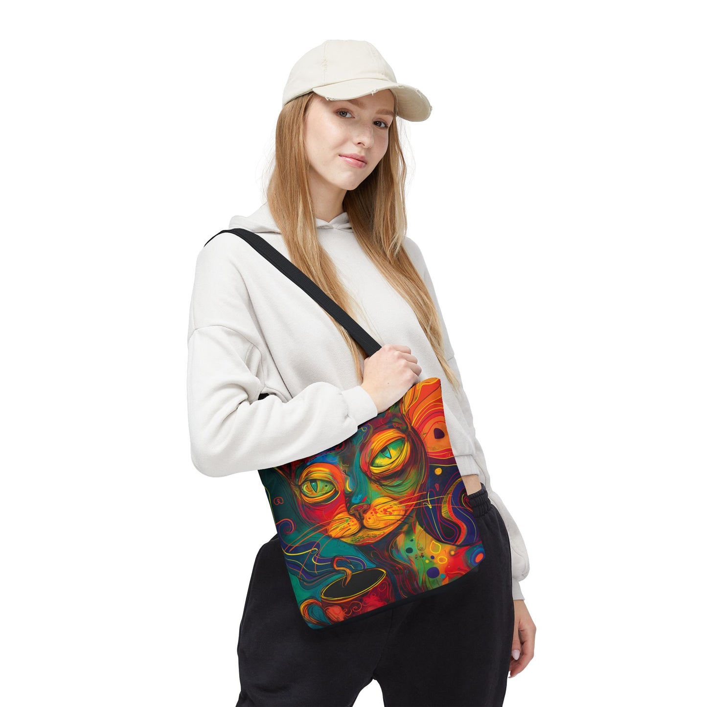 Abstract Cat Coffee Tote Bag AOP Reusable Shopping Bag, Durable Polyester Cat Lover Gift for Coffee Fans
