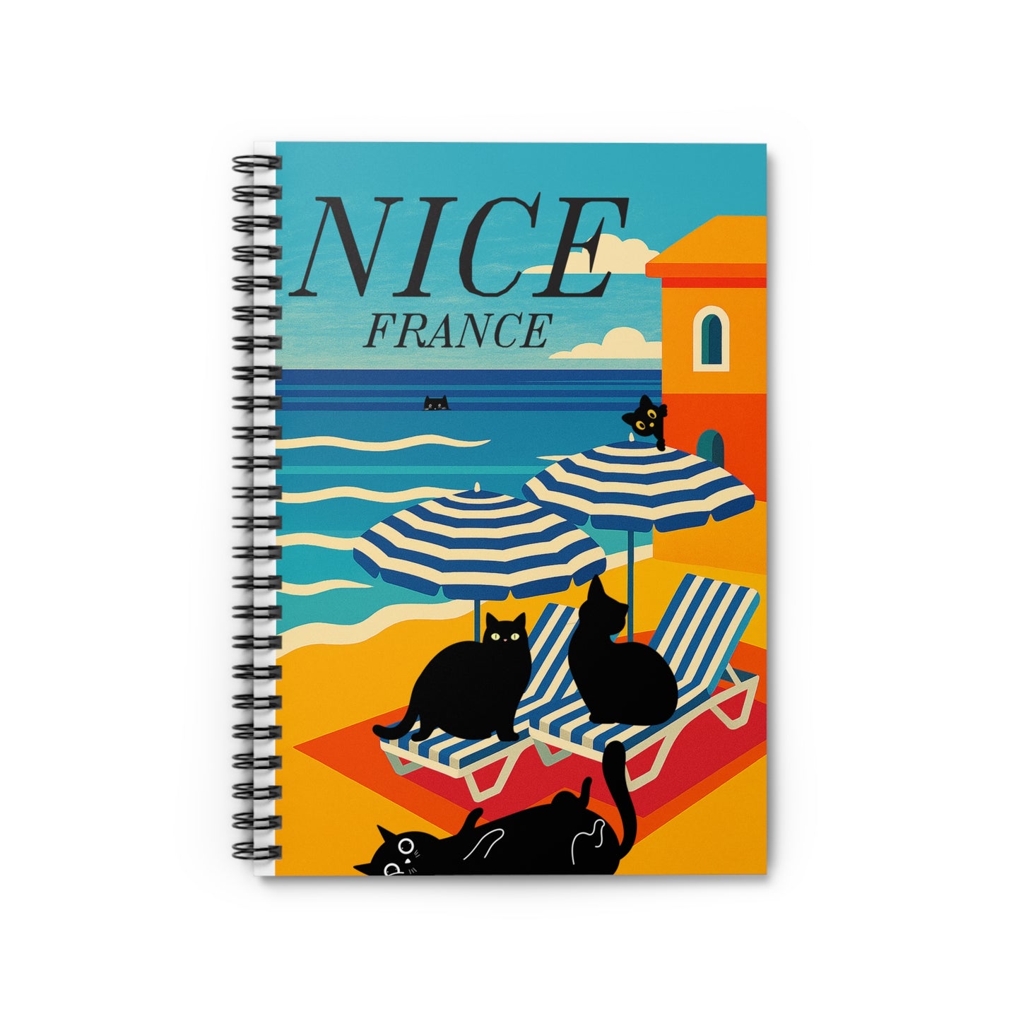 Nice France Spiral Notebook – Vibrant Travel Journal, Cat Lover Gift, Artistic Stationery, Summer Memories Writing Pad