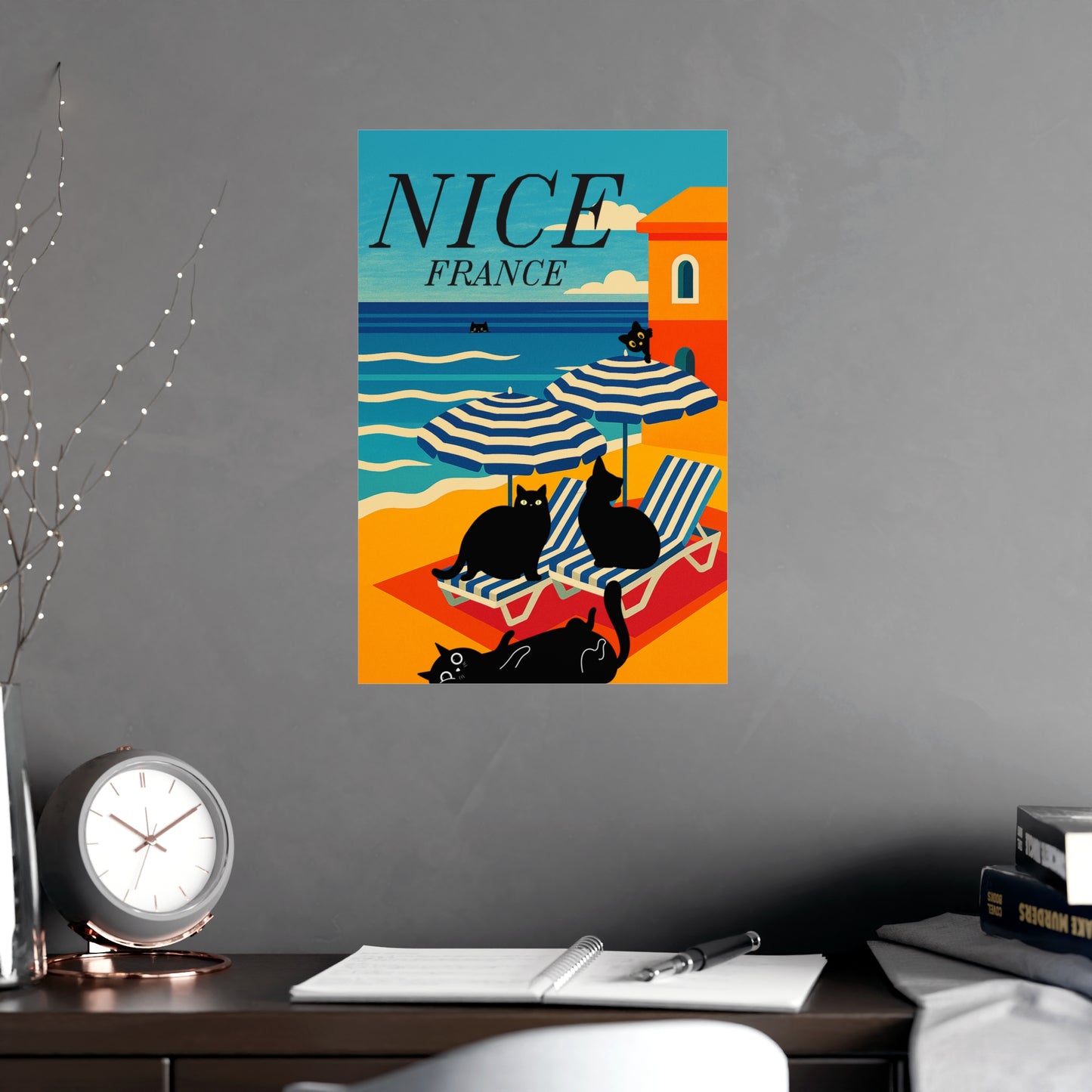 Vibrant Matte Wall Art Poster of Nice, France | Retro Cat Decor, Coastal Home Accent, Living Room Art, Unique Gift, Travel Print