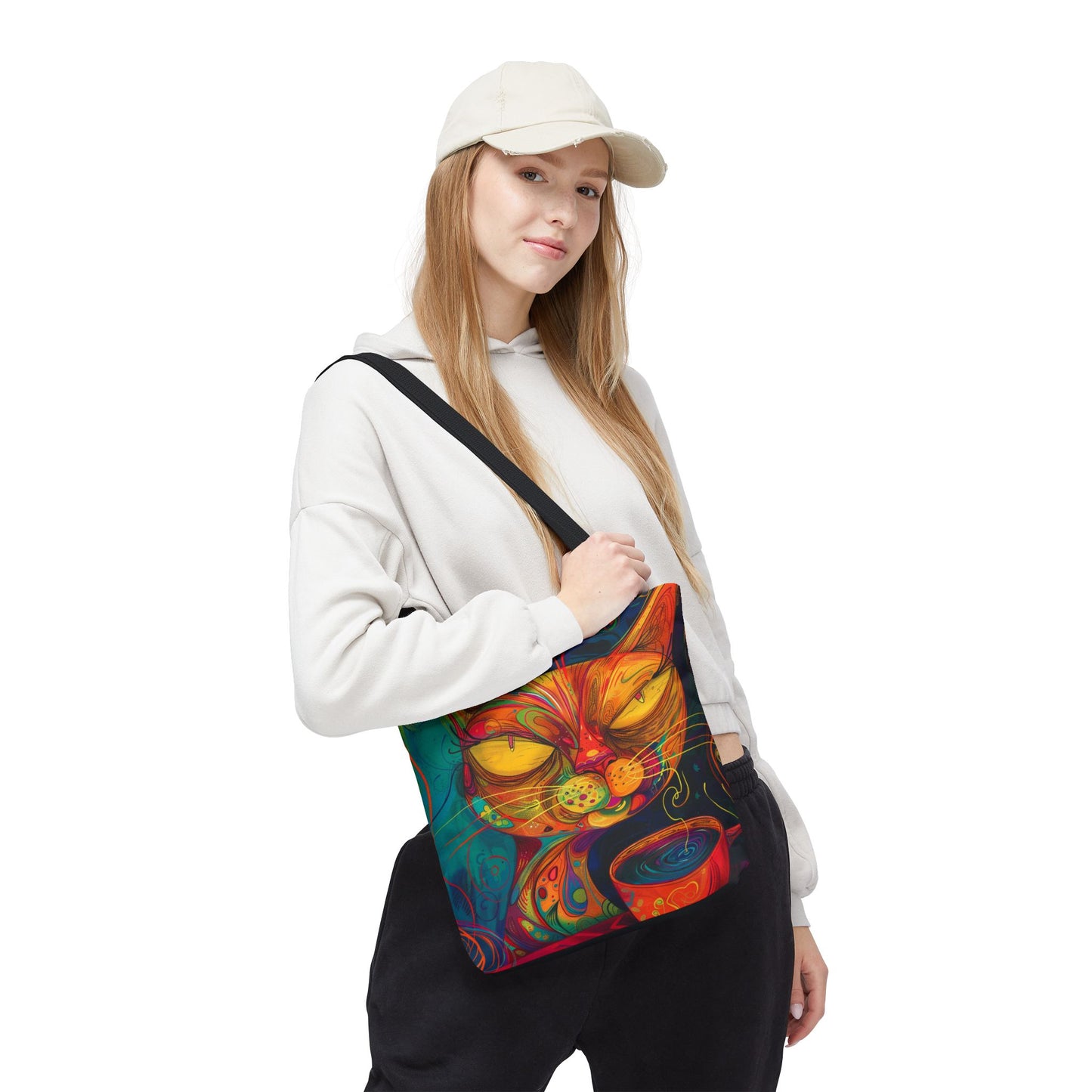 Cat-Purr and Coffee Bliss Tote Bag - Feline Lovers Gift, Kitty Tote, Cat Lady Shoulder Bag, Cute Cat Gift, Reusable Shopping Bag