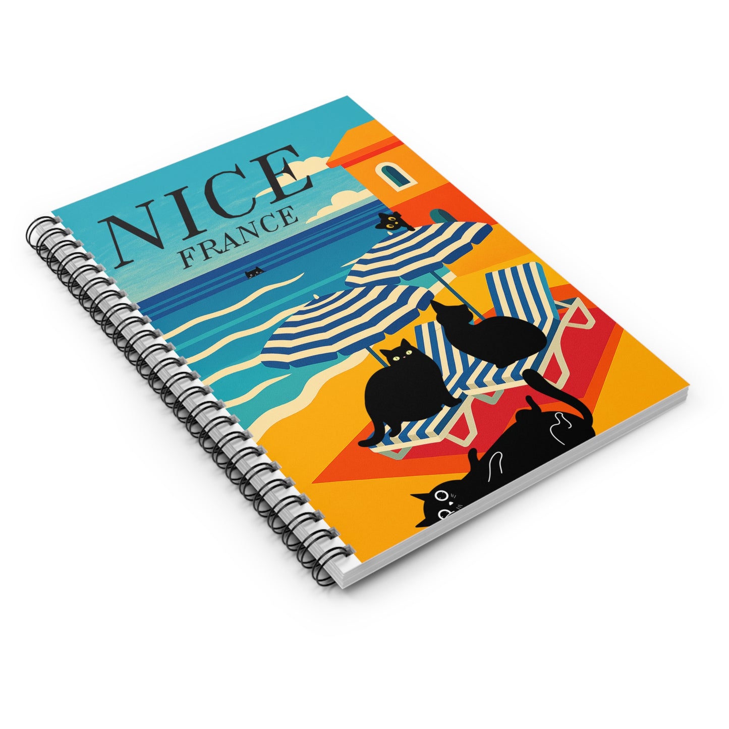 Nice France Spiral Notebook – Vibrant Travel Journal, Cat Lover Gift, Artistic Stationery, Summer Memories Writing Pad