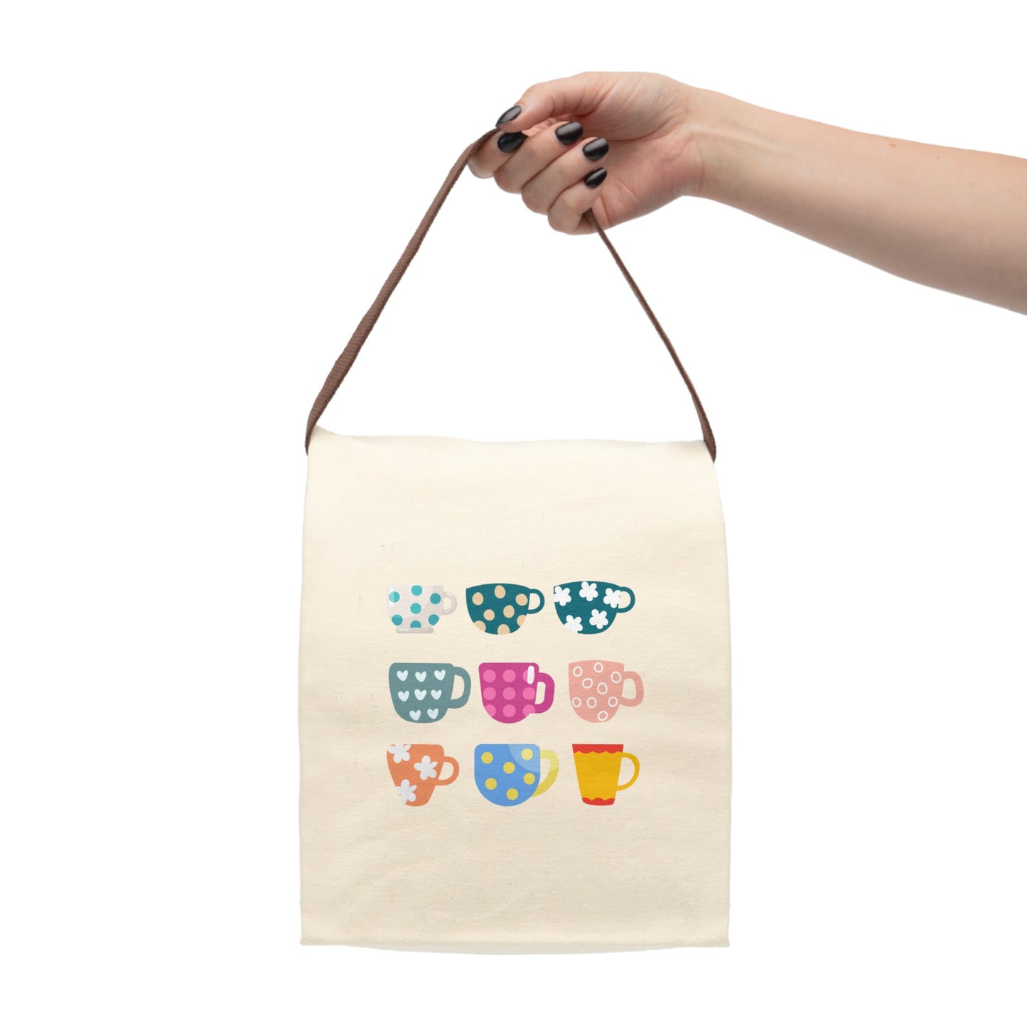 Cute Canvas Lunch Bag with Colorful Mug Design, Lunch Tote for Adults and Kids, Perfect for Back to School, Picnics, and Work
