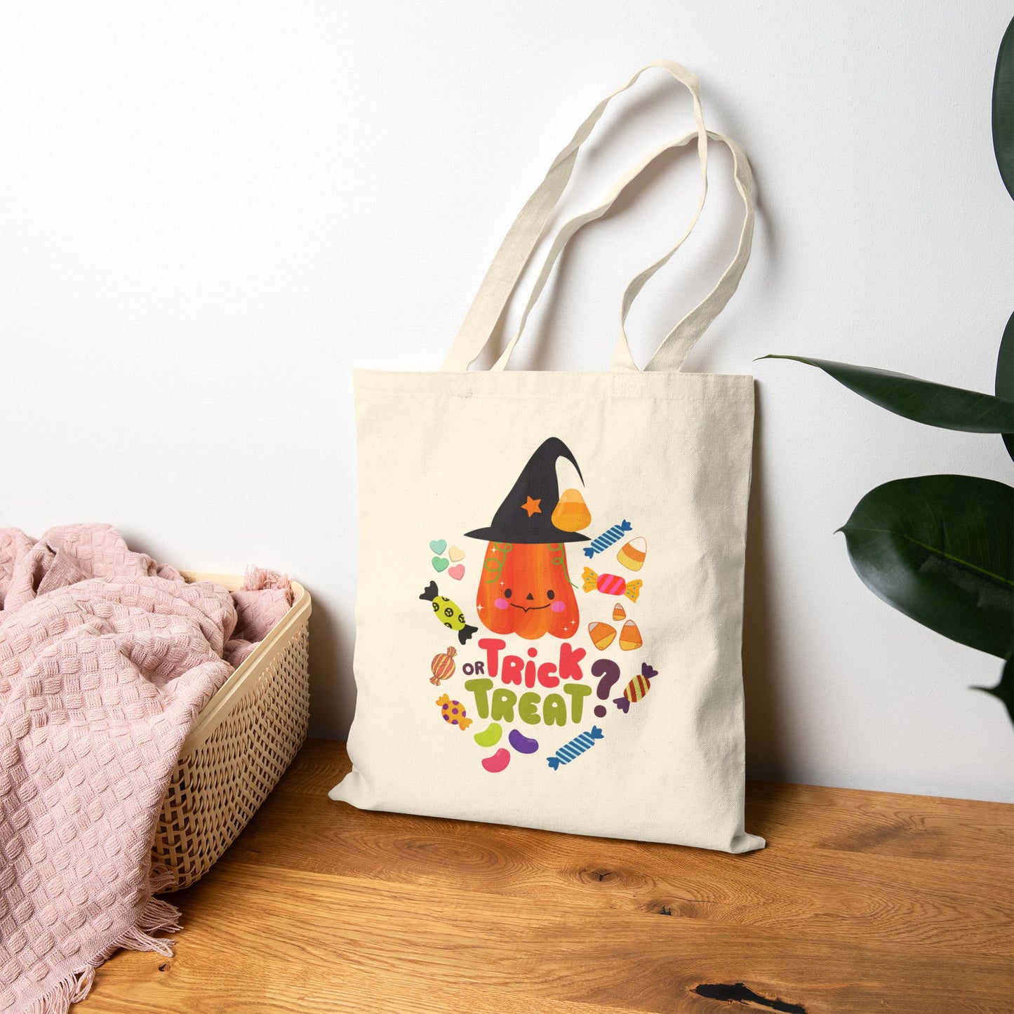 Halloween Trick or Treat Cotton Canvas Tote Bag, Eco Friendly Reusable Shopping Bag, Halloween Gift Tote, Fall Holiday Bag