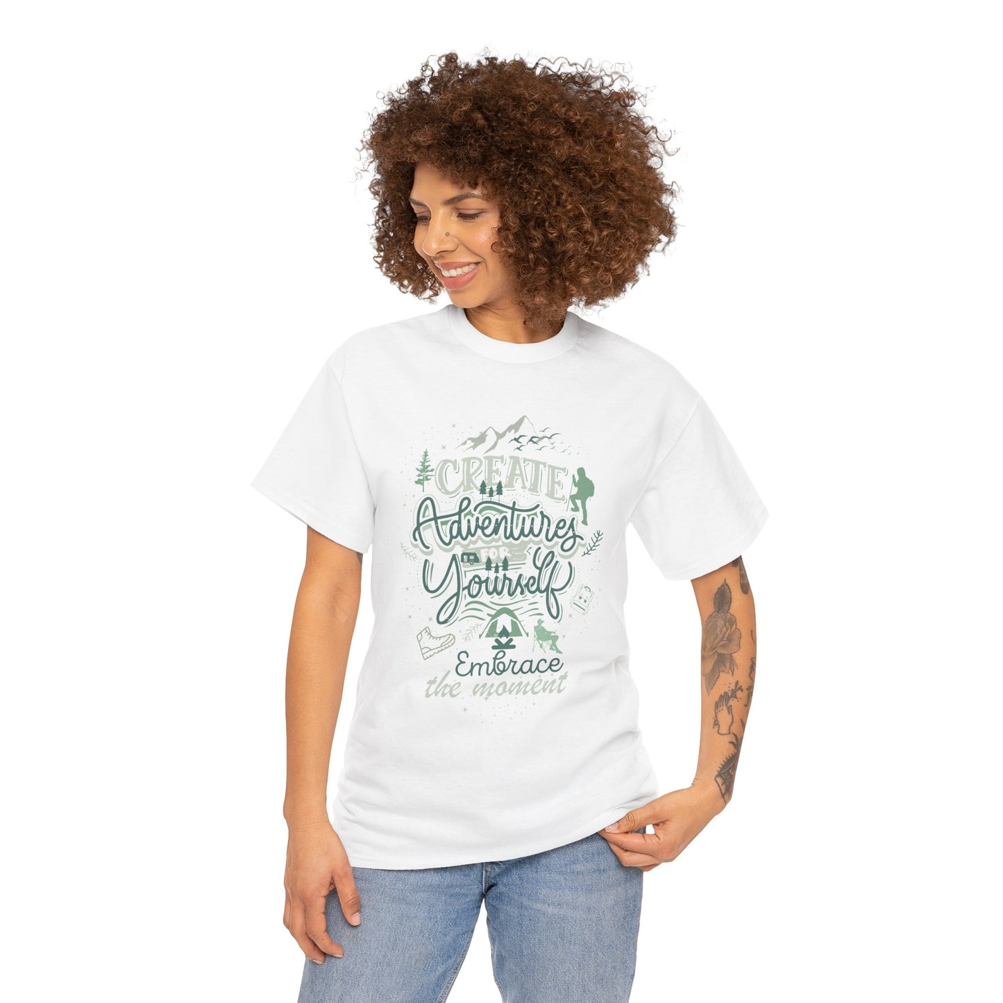 Adventure Awaits Unisex Heavy Cotton Tee, Travel Shirt, Inspirational Apparel, Nature Lover Gift, Casual Wear, Outdoor Adventures