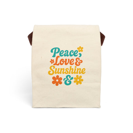 Reusable Canvas Lunch Bag – Peace Love & Sunshine Design, Cute Lunch Tote for School, Work, Picnic, Gift for Lunch Lovers