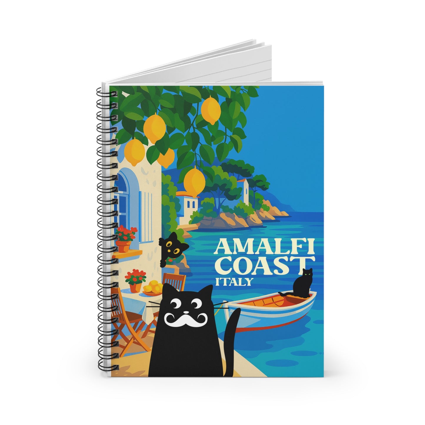 Amalfi Coast Cat Spiral Notebook - Perfect for Journaling, Travel Notes, and Gift Ideas, Cartoons, Italy Souvenir