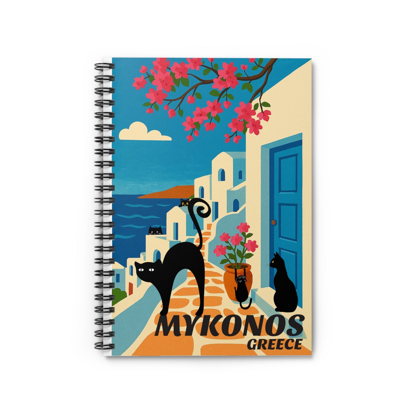 Mykonos Cat Spiral Notebook – Ruled Line Journal, Greek Art Travel Diary, Cat Lover Gift, Floral Design Stationery