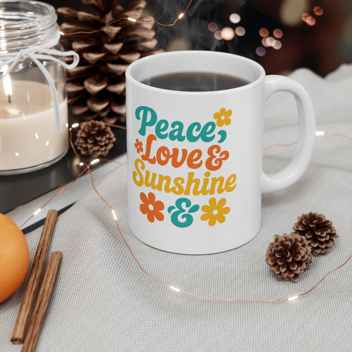 Peace, Love & Sunshine Mug Inspirational Coffee Cup with Floral Design, Positive Vibes Gift for Friends