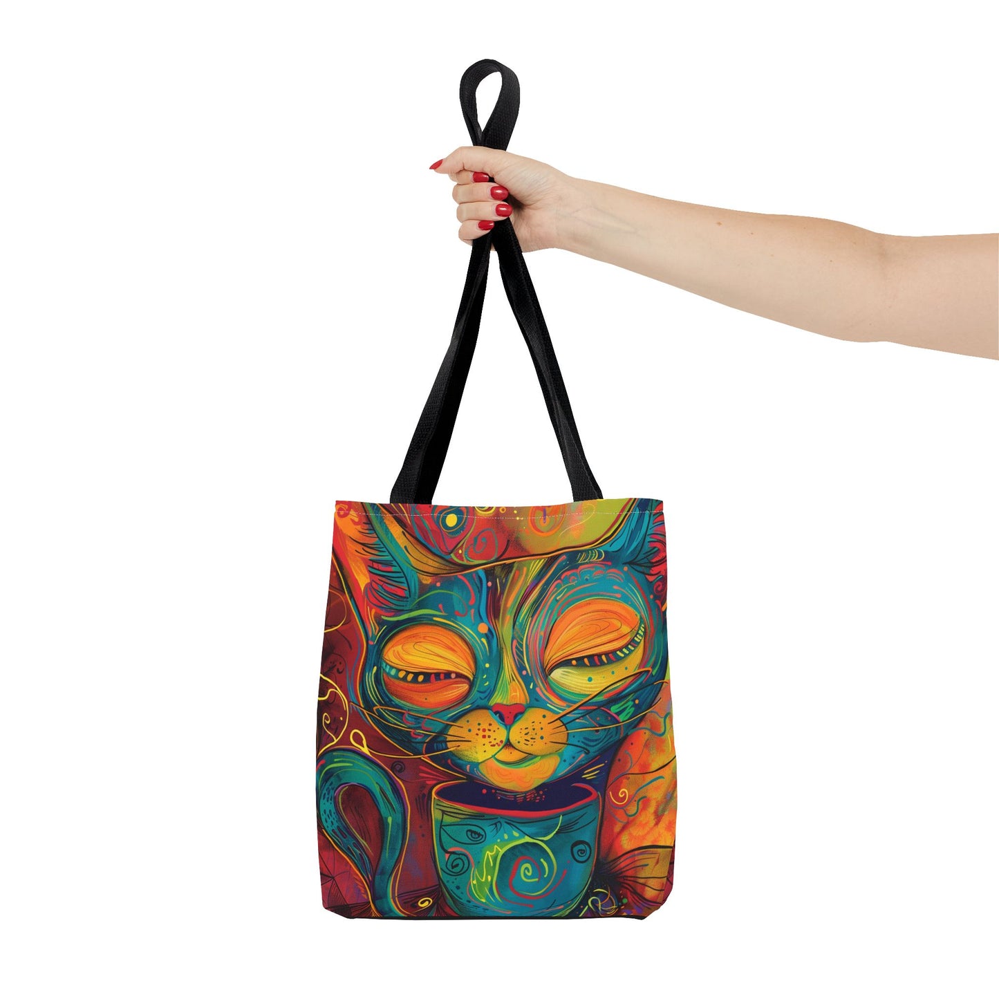 Vibrant Cat & Coffee Tote Bag - Abstract Cat Lover Gift, Cute AOP Reusable Tote for Busy Women, Coffee Cat Mom Bag