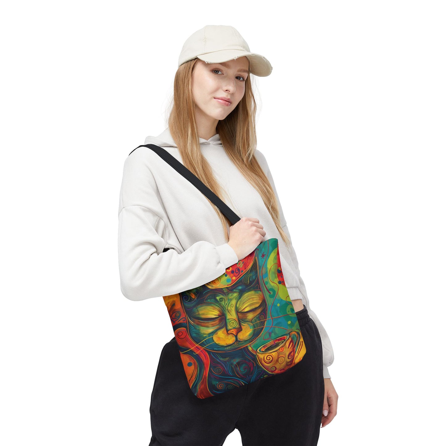 Whimsical Cat Coffee Tote AOP Reusable Shopping Bag, Artistic Cat Lover Gift, Stylish Tote for Women