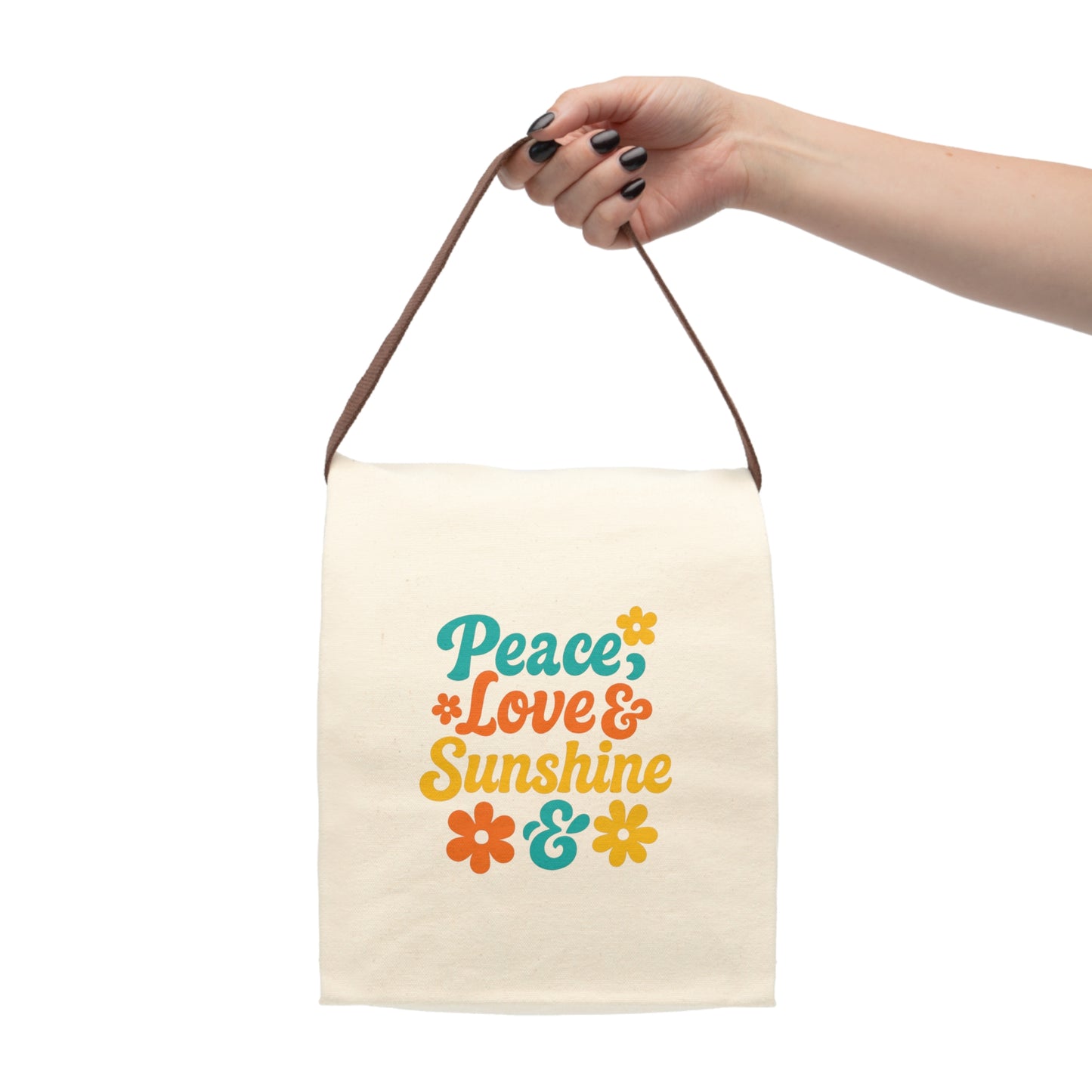 Reusable Canvas Lunch Bag – Peace Love & Sunshine Design, Cute Lunch Tote for School, Work, Picnic, Gift for Lunch Lovers
