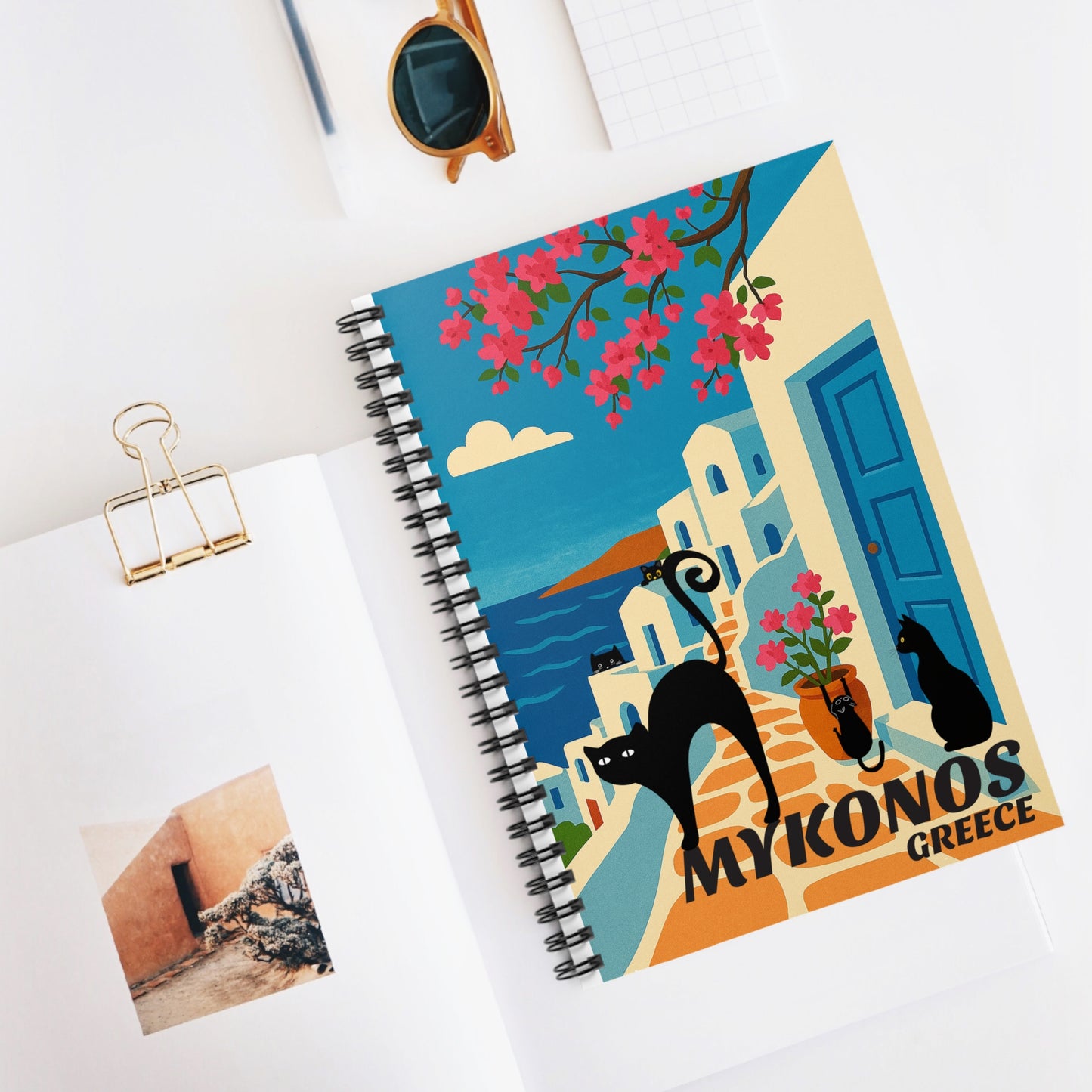 Mykonos Cat Spiral Notebook – Ruled Line Journal, Greek Art Travel Diary, Cat Lover Gift, Floral Design Stationery