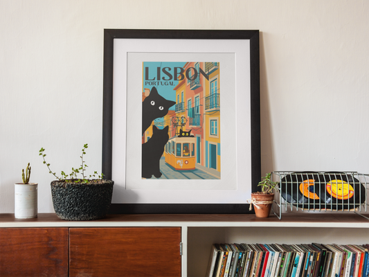 Lisbon Cat Art Print – Colorful Travel Wall Decor, Cat Lover Gift, Portugal Poster, Unique Matte Print for Home