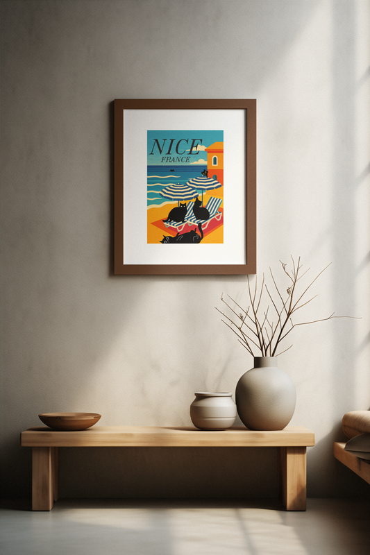 Vibrant Matte Wall Art Poster of Nice, France | Retro Cat Decor, Coastal Home Accent, Living Room Art, Unique Gift, Travel Print