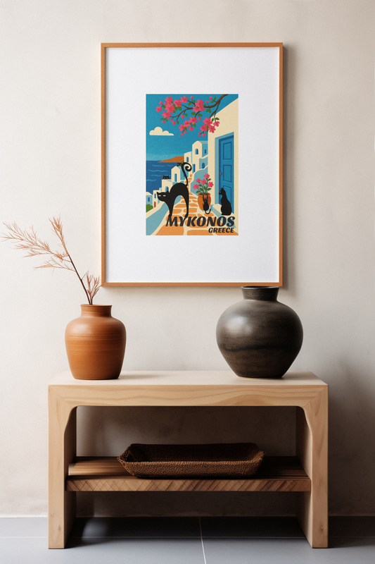 Cat-Themed Art Poster, Colorful Wall Decor, Mykonos Greece Art Print, Gift for Cat Lovers, Home Aesthetic, Unique Housewarming Decoration