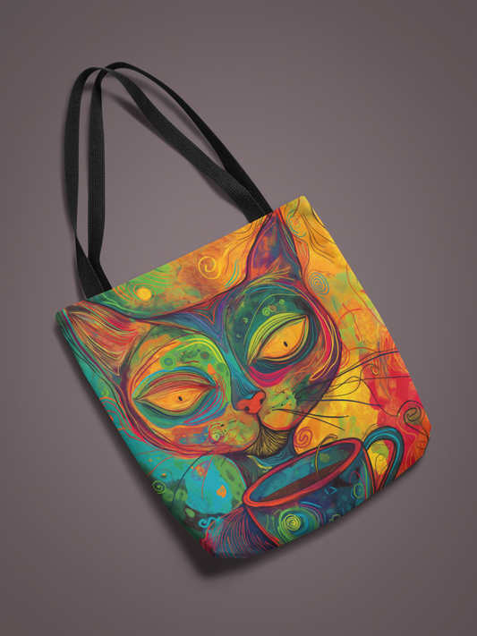 Colorful Cat Coffee Tote Bag - Abstract Art Cat Lover Gift, Cute AOP Tote for Women on the Go, Reusable Shopper Bag