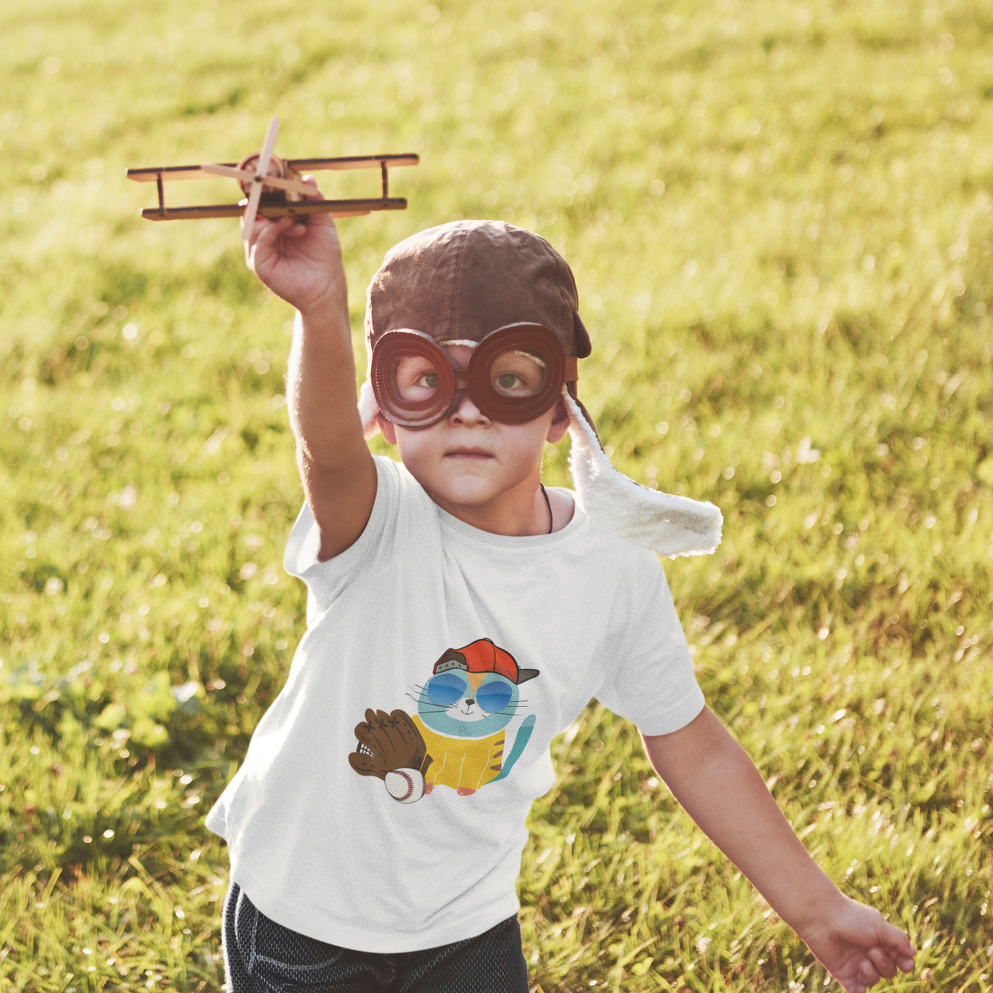 Cool Baseball Cat Toddler T-Shirt | Kids Short Sleeve Tee with Cap, Sunglasses, and Mitt | Fun Sports Shirt for Boys & Girls