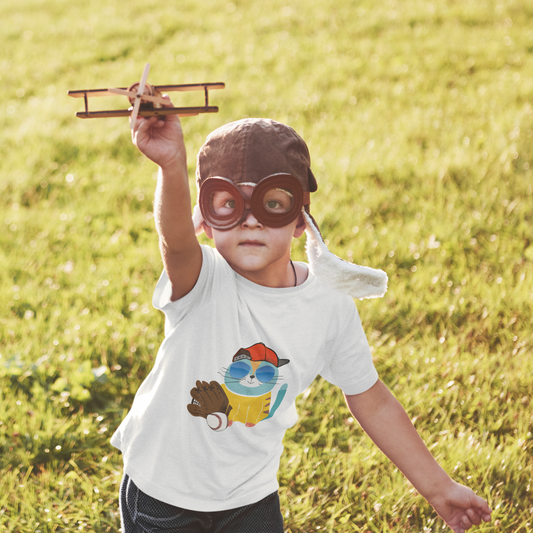 Cool Baseball Cat Toddler T-Shirt | Kids Short Sleeve Tee with Cap, Sunglasses, and Mitt | Fun Sports Shirt for Boys & Girls