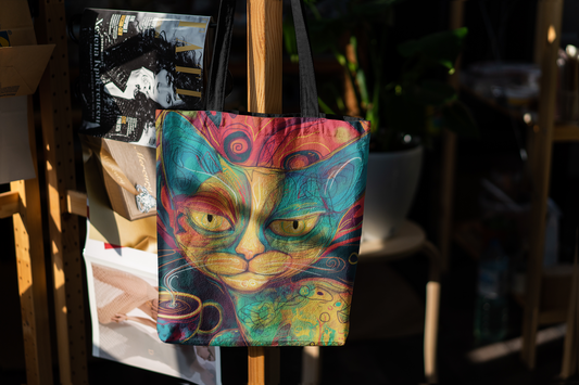Coffee & Cats On-the-Go Abstract Tote Bag for Feline Fans, Cat Lover Gifts, Kitty Shopping Bag, Pet Owner Accessories, Cute Cat Print