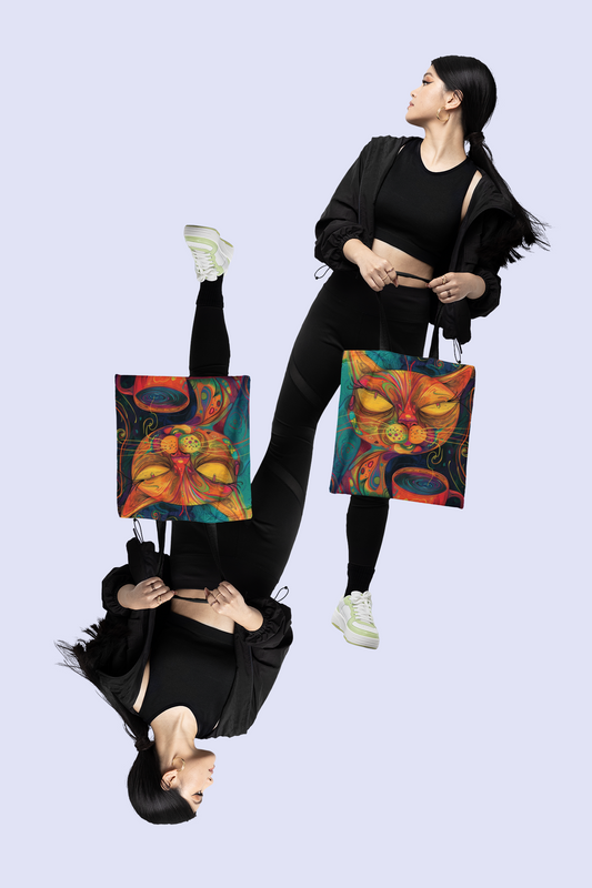 Cat-Purr and Coffee Bliss Tote Bag - Feline Lovers Gift, Kitty Tote, Cat Lady Shoulder Bag, Cute Cat Gift, Reusable Shopping Bag