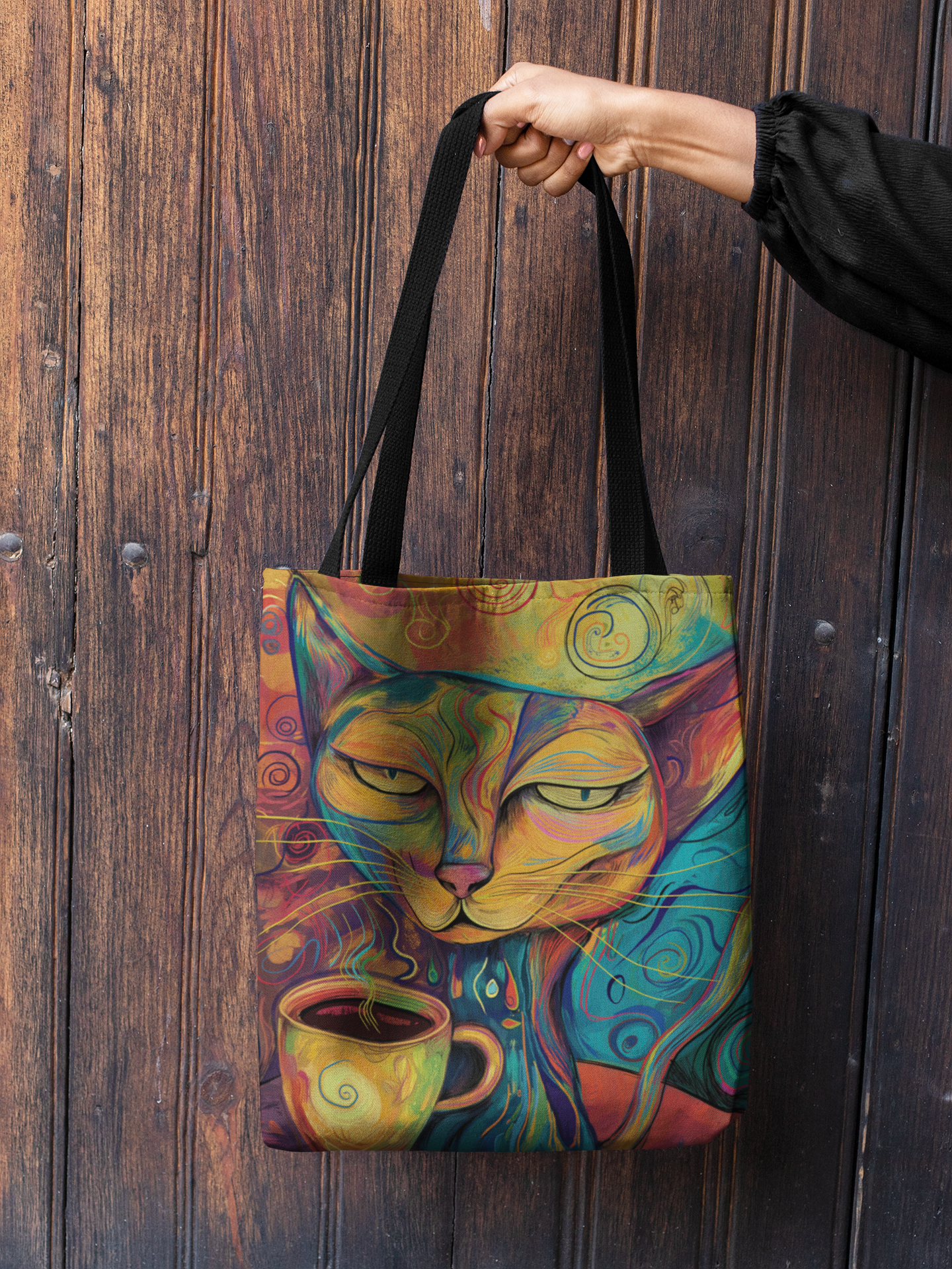 Chic Cat & Coffee Tote Artistic AOP Shopper Bag, Reusable Tote for Women, Cute Gift for Cat Lovers