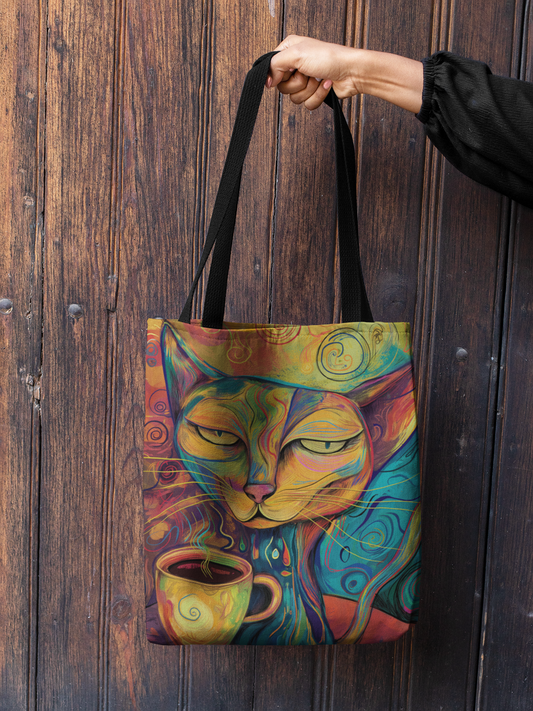 Chic Cat & Coffee Tote Artistic AOP Shopper Bag, Reusable Tote for Women, Cute Gift for Cat Lovers