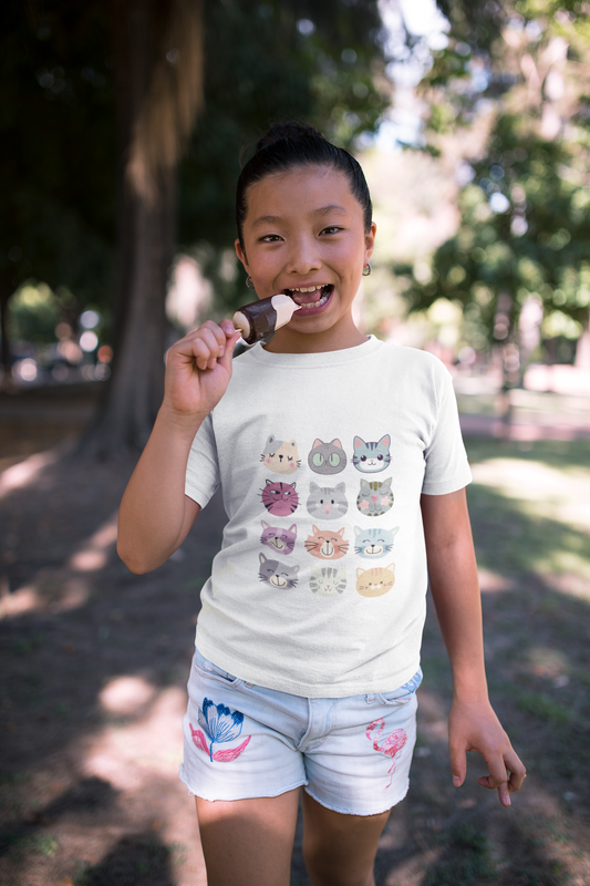 Cute Animal Faces Kids T-Shirt Fun Cat Tee for Boys and Girls, Animal Lover Gift, Birthday Present, Kids Fashion