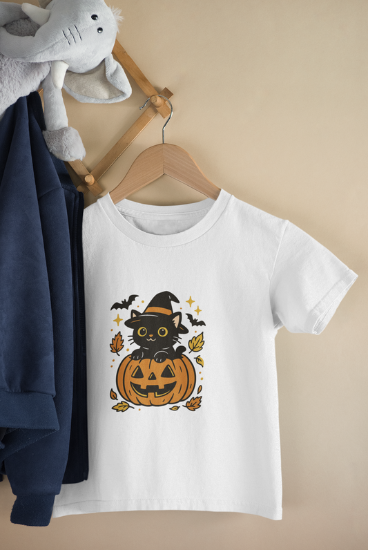Halloween Cat Toddler T-Shirt Cute Kids Costume Top, Pumpkin Tee, Little Witch Toddler Shirt