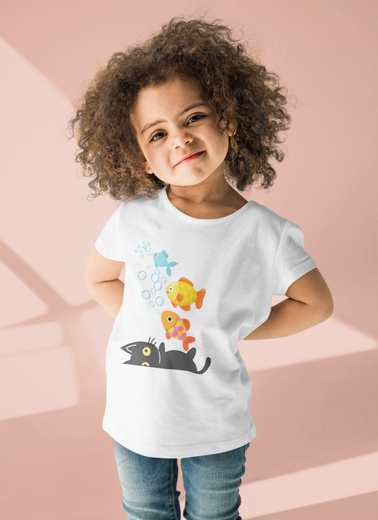 Whimsical Cat and Fish Toddler Tee, Cute Kids Shirt, Summer Outfit, Birthday Gift, Playdate Apparel, Fun Animal Design