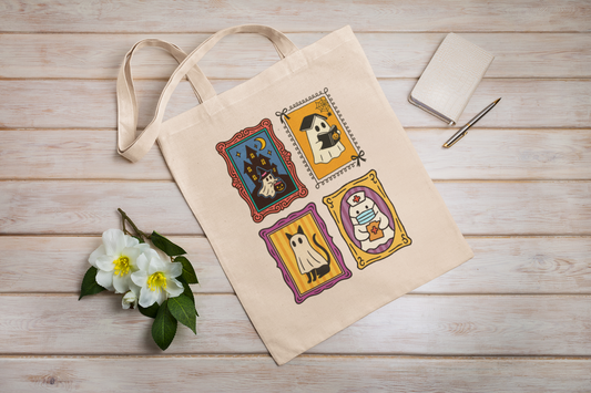 Spooky Ghosts Halloween Tote Bag, Eco Friendly Cotton Bag for Trick or Treat, Cute Reusable Shopping Tote, Fall Ghost Bag