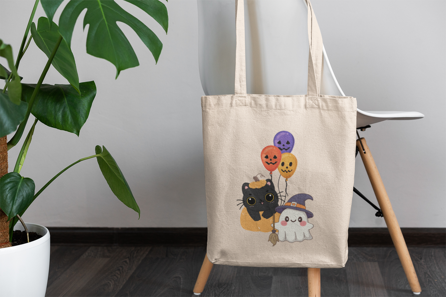 Cute Halloween Cotton Canvas Tote Bag, Trick or Treat Bag, Cat and Ghost Tote, Fall Shopping Bag, Eco Friendly Gift