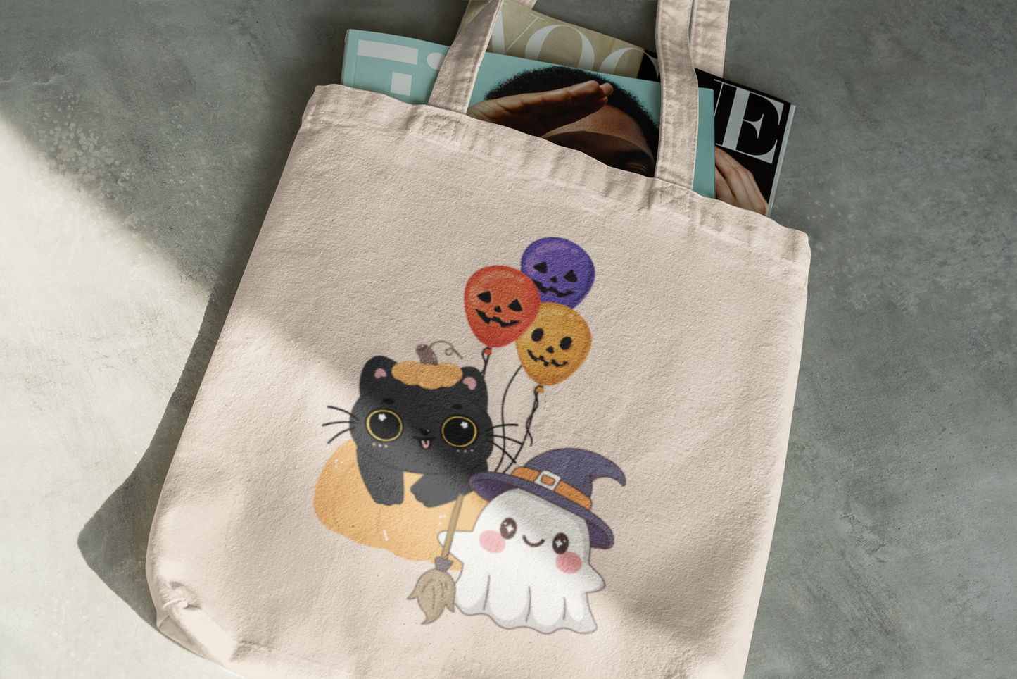 Cute Halloween Cotton Canvas Tote Bag, Trick or Treat Bag, Cat and Ghost Tote, Fall Shopping Bag, Eco Friendly Gift