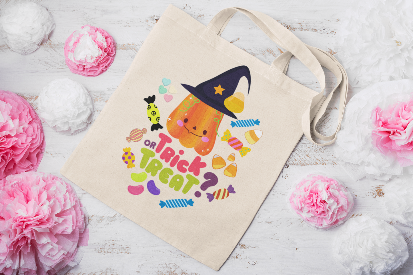 Halloween Trick or Treat Cotton Canvas Tote Bag, Eco Friendly Reusable Shopping Bag, Halloween Gift Tote, Fall Holiday Bag