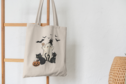 Halloween Ghost and Cats Tote Bag, Trick or Treat Bag, Eco Friendly Reusable Tote, Spooky Season Gift, Cute Cat Lover Bag