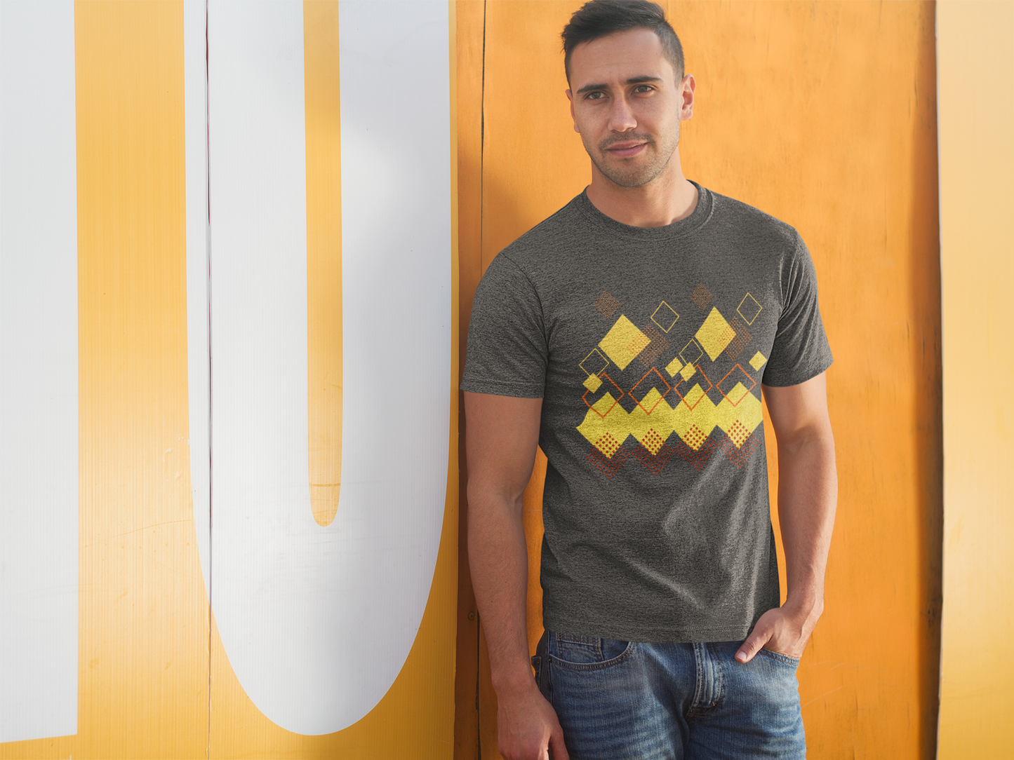 Geometric Diamond Pattern T-Shirt, Retro Pixel Art Tee, Golden Crown Graphic Shirt, Abstract Squares Design, Unisex Minimalist Black Tee