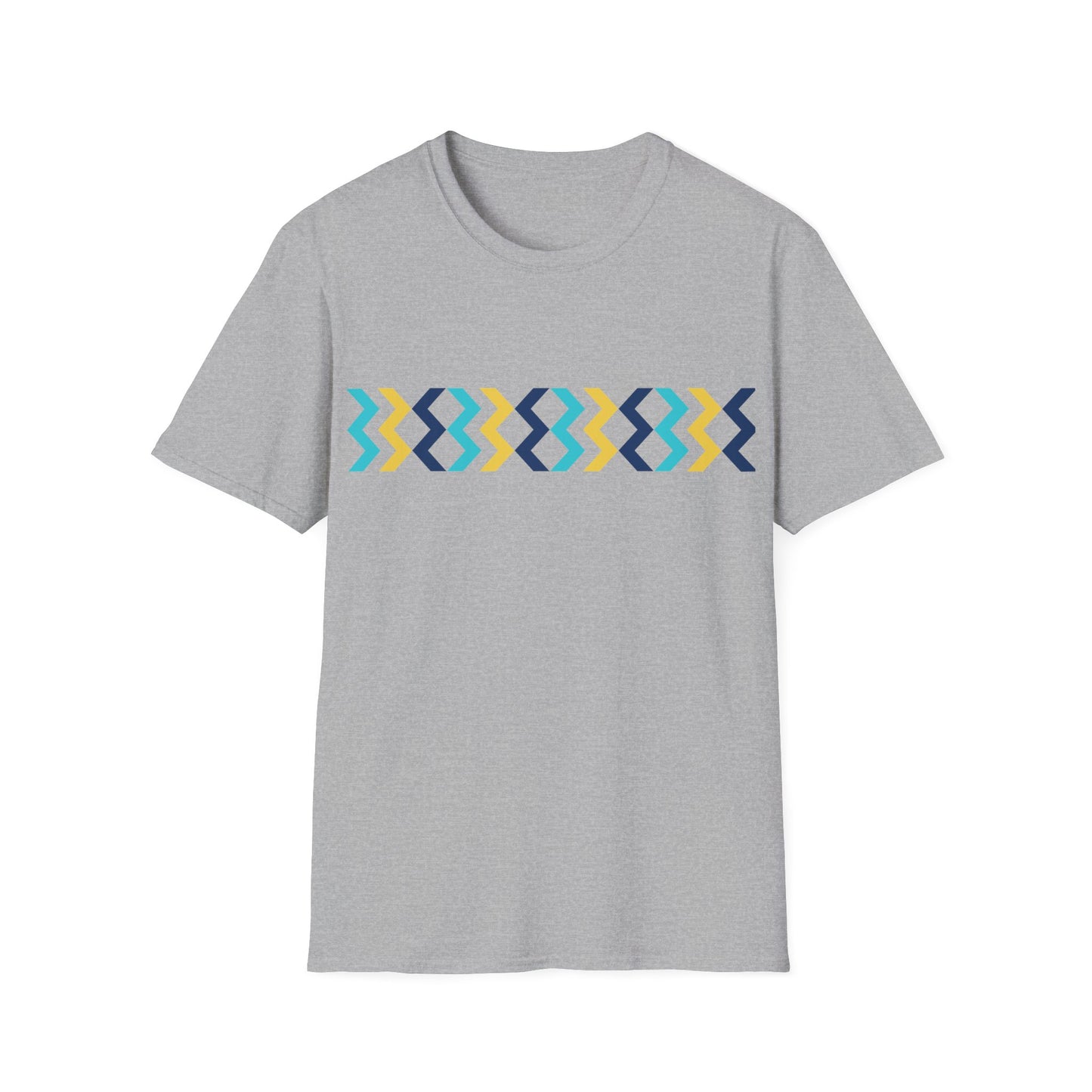 Geometric Chevron Stripe T-Shirt — Modern Blue & Yellow Pattern