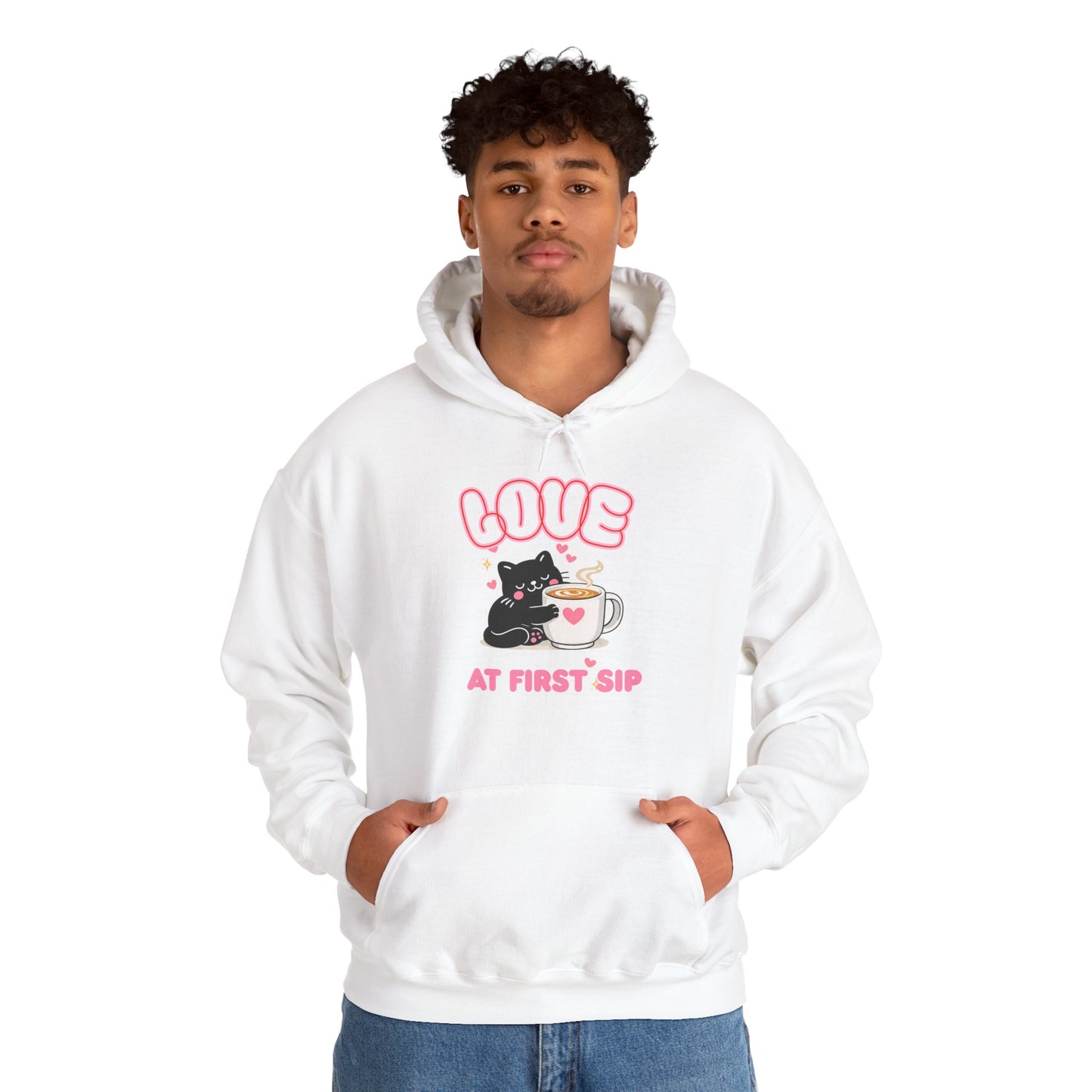Love at First Sip Cat Hoodie | Cute Coffee Lover Unisex Sweatshirt
