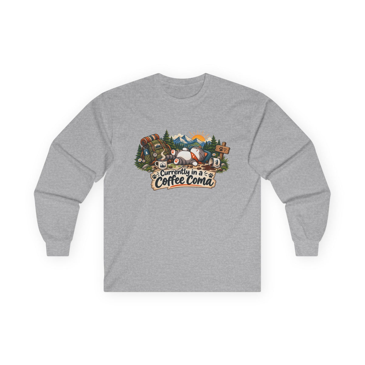 Currently in a Coffee Coma Long Sleeve Shirt | Funny Coffee Lover Cat Tee