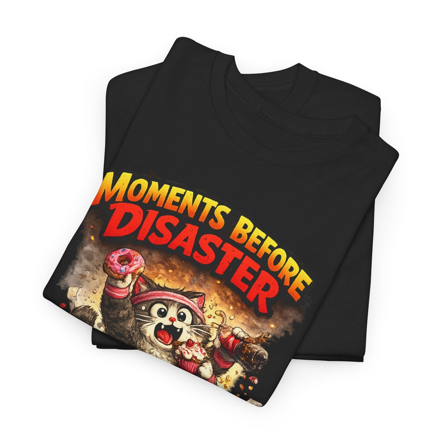 Moments Before Disaster T-Shirt | Funny Cartoon Cat Chaos Tee | Humorous Graphic Shirt