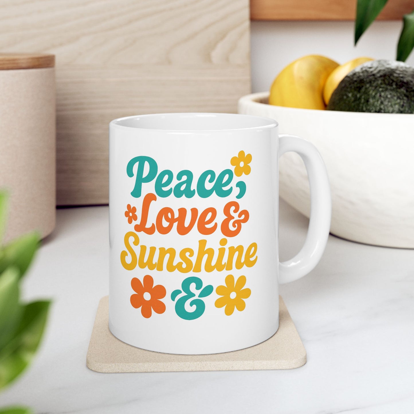 Peace, Love & Sunshine Mug Inspirational Coffee Cup with Floral Design, Positive Vibes Gift for Friends