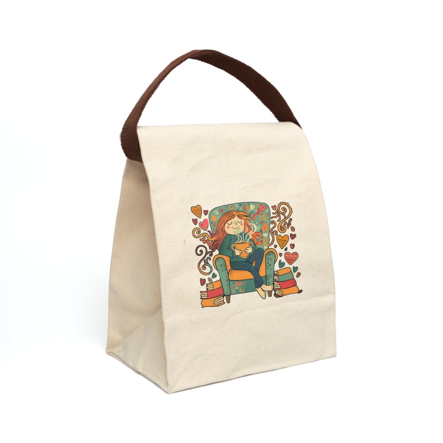 Reusable Cozy Lunch Bag – Cute Illustrated Canvas Tote, Eco-Friendly Lunch Bag for Work, School, or Gift for Book Lovers