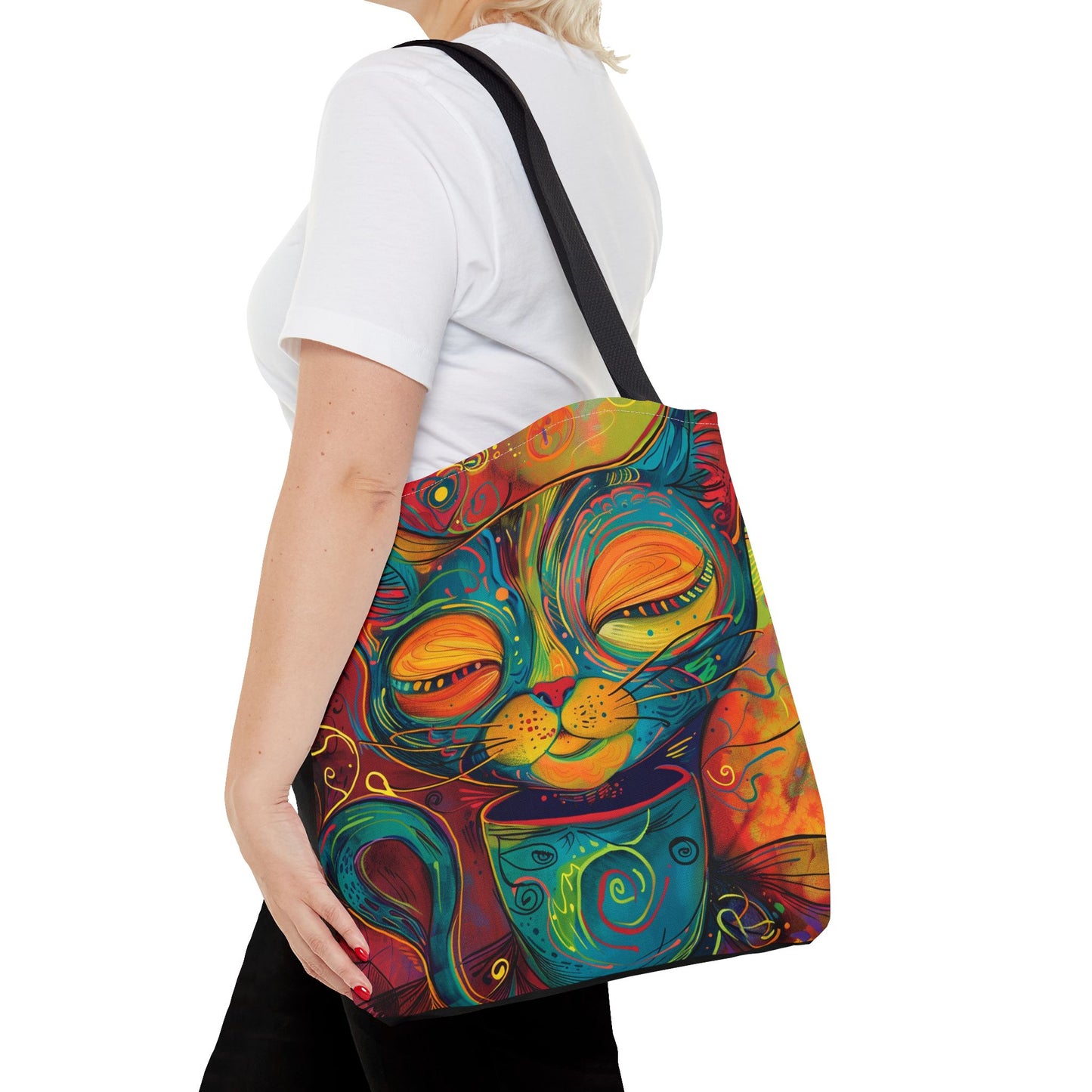 Vibrant Cat & Coffee Tote Bag - Abstract Cat Lover Gift, Cute AOP Reusable Tote for Busy Women, Coffee Cat Mom Bag