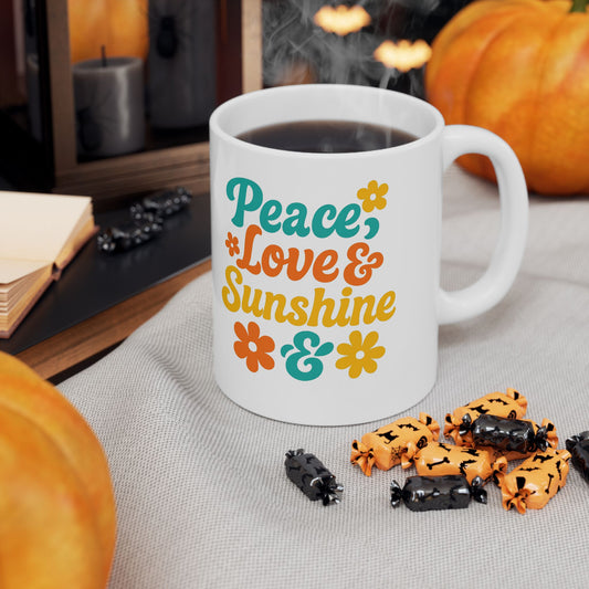 Peace, Love & Sunshine Mug Inspirational Coffee Cup with Floral Design, Positive Vibes Gift for Friends