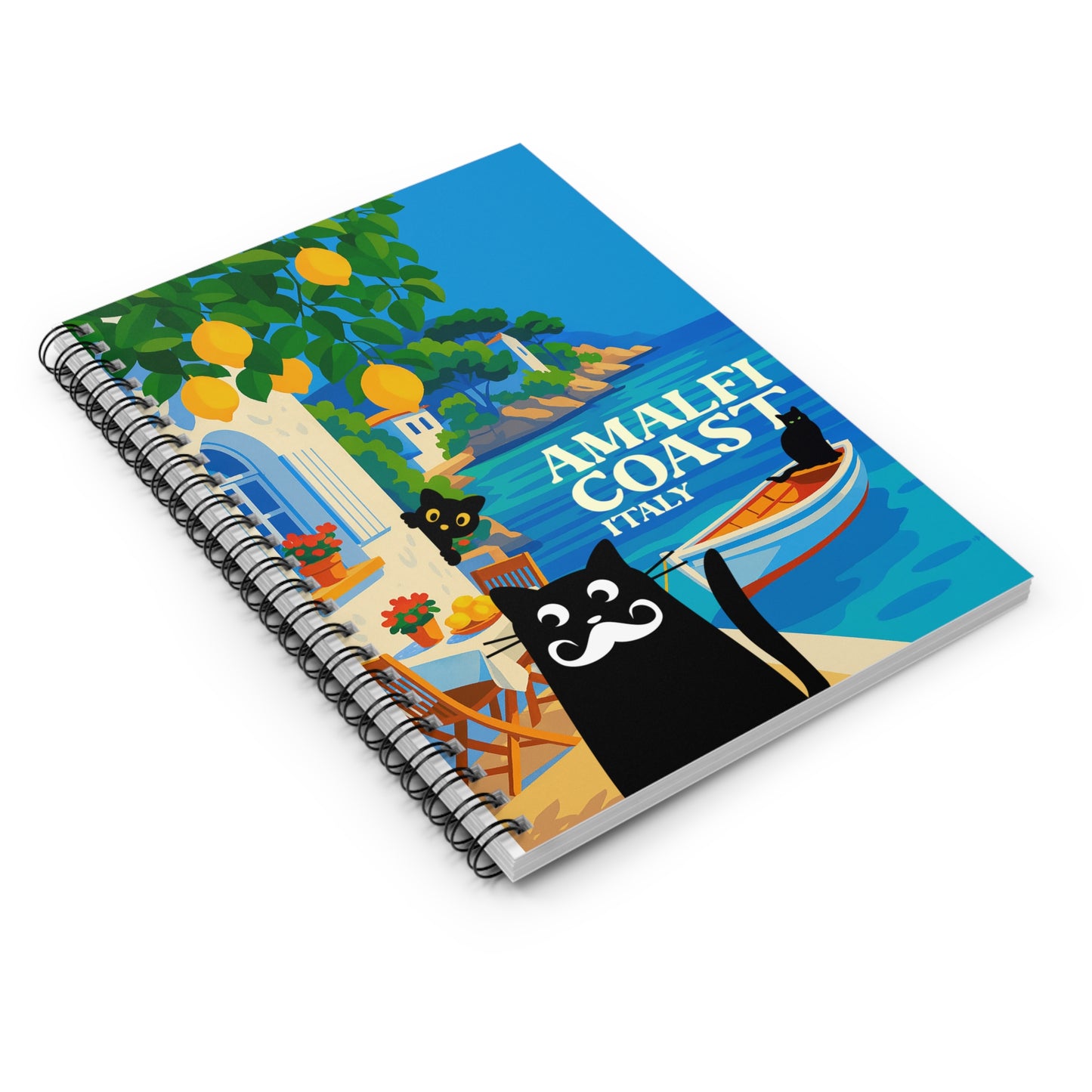 Amalfi Coast Cat Spiral Notebook - Perfect for Journaling, Travel Notes, and Gift Ideas, Cartoons, Italy Souvenir