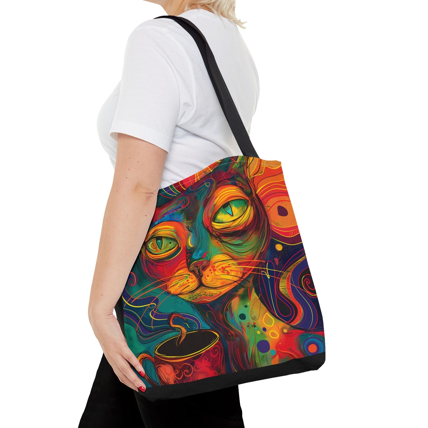 Abstract Cat Coffee Tote Bag AOP Reusable Shopping Bag, Durable Polyester Cat Lover Gift for Coffee Fans
