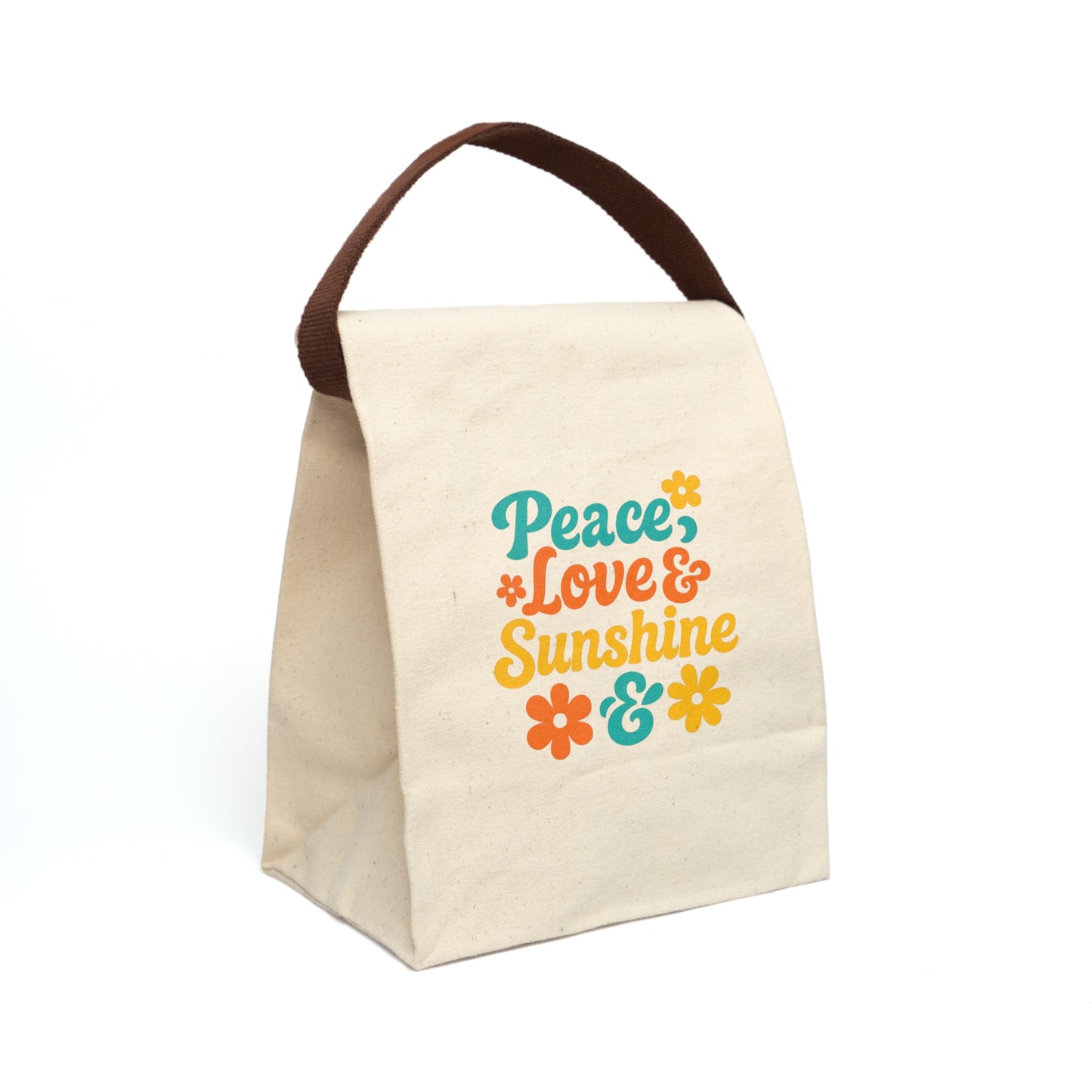 Reusable Canvas Lunch Bag – Peace Love & Sunshine Design, Cute Lunch Tote for School, Work, Picnic, Gift for Lunch Lovers