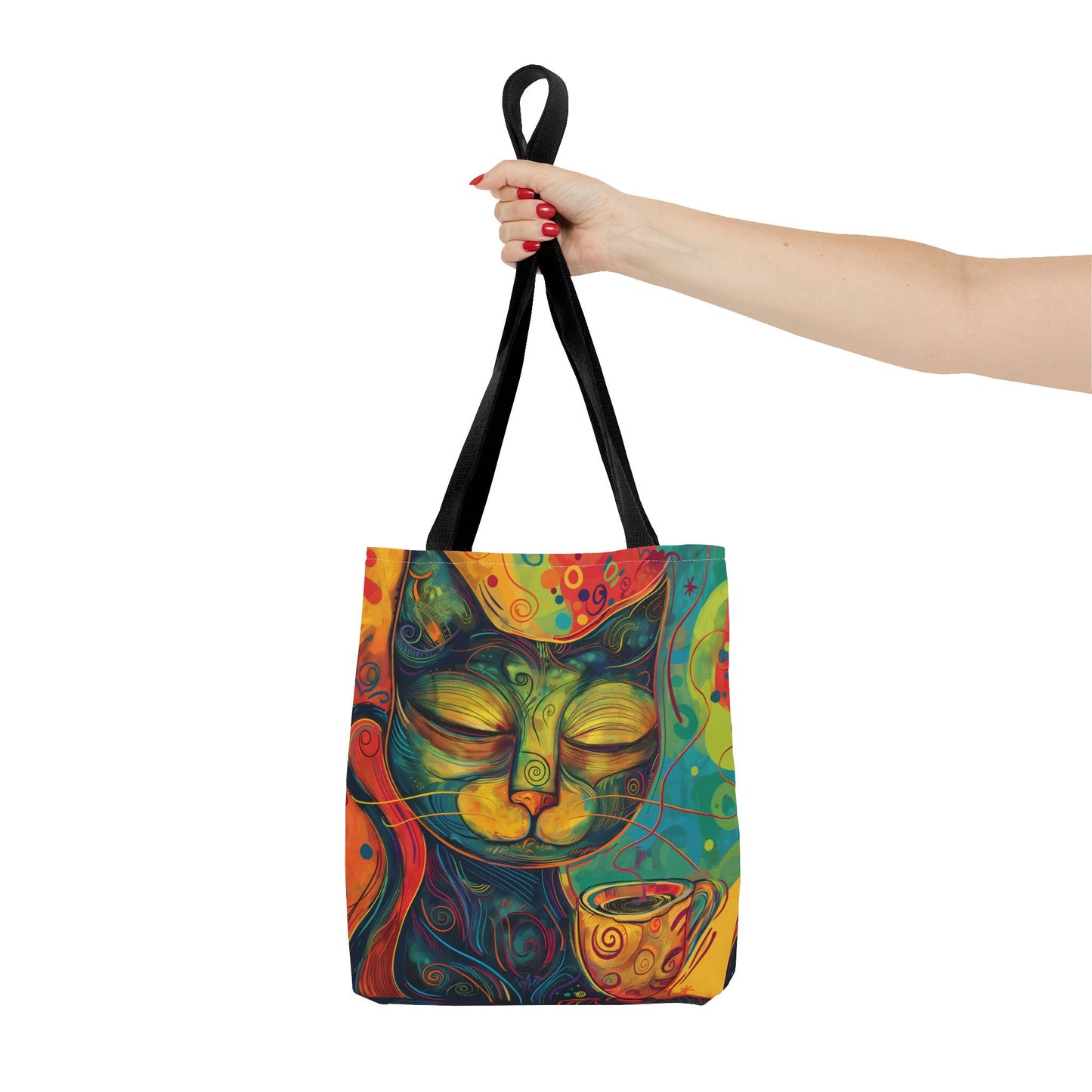 Whimsical Cat Coffee Tote AOP Reusable Shopping Bag, Artistic Cat Lover Gift, Stylish Tote for Women